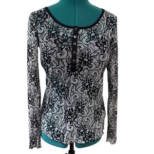 Mystree Black White Floral Lace Long Sleeve Henley Mesh Top Size S Y2K Romantic